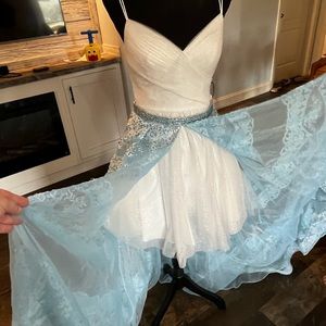 Ava Presley white Shimmer dust corsett back Rachel Allan Lace overskirt blue.